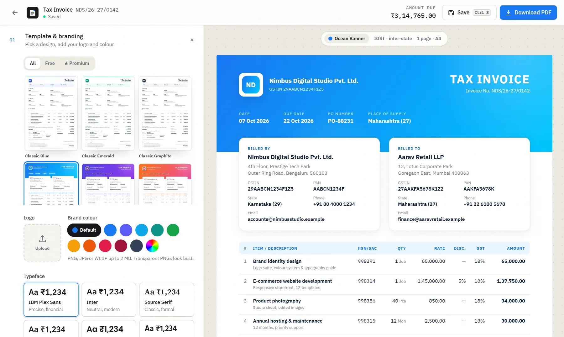 The Invoicecraft editor: a form on the left and the live invoice on the right