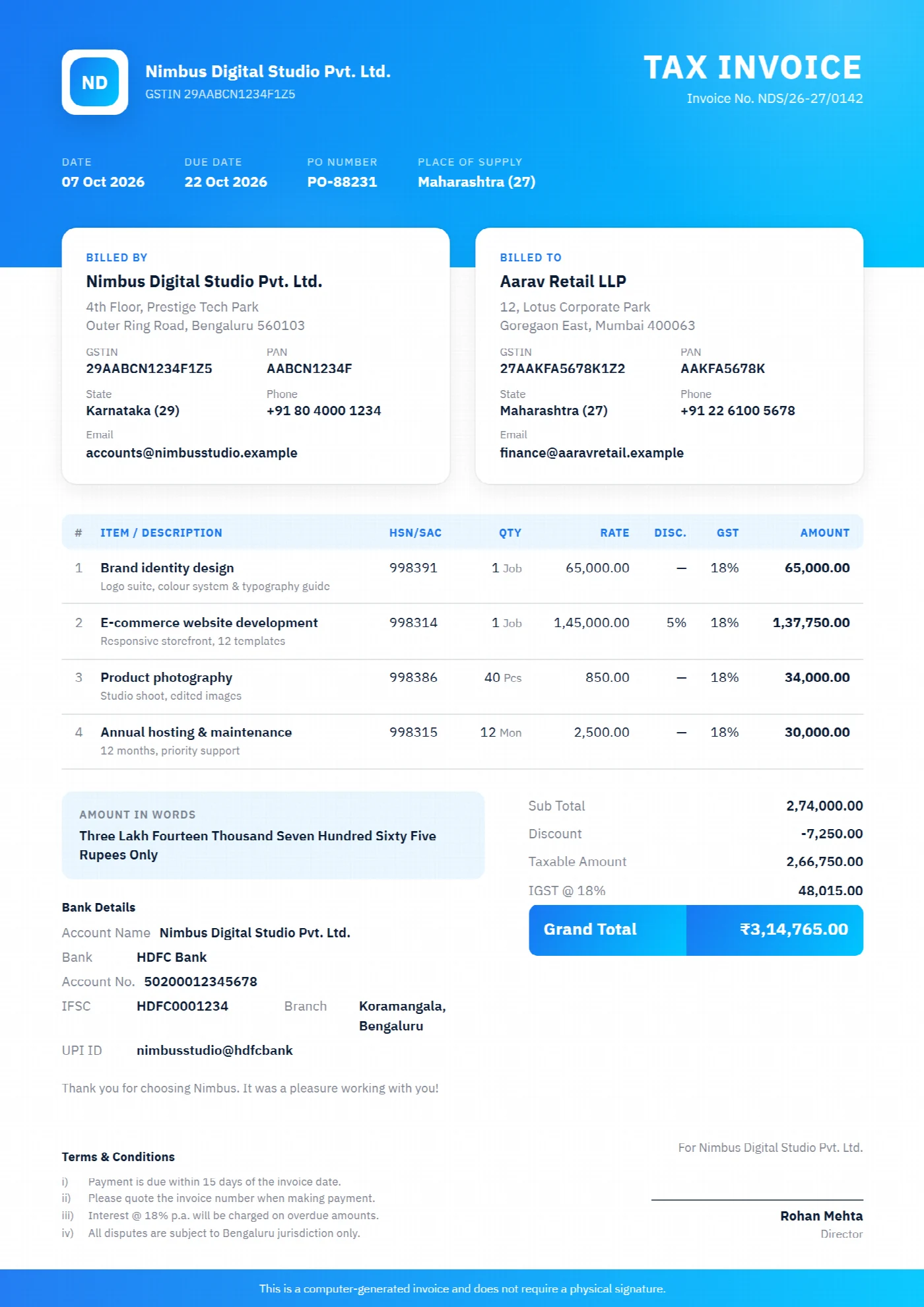 A tax invoice made with the Ocean Banner template